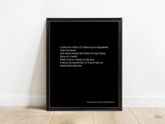 Jane Austen There Is No Enjoyment Like Reading typewriter print in a black frame, black background