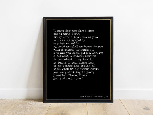 Charlotte Brontë I have found you typewriter quote print in a black frame, black background
