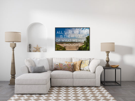 Buddha All that we are is the result of what we have thought quote over a photograph of a beach path on Anglesey, shown framed in a living room