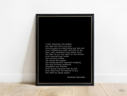 Charles Bukowski I Will Remember the Kisses poem print in a black frame, black background
