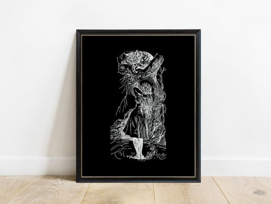Alice and the Cheshire Cat illustration by John Tenniel from Lewis Carroll's Alice in Wonderland in a black frame, black background