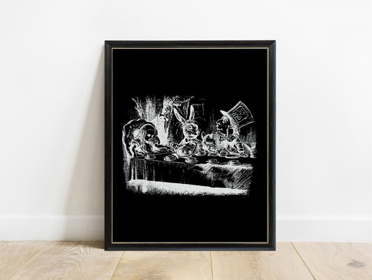The Mad Tea Party illustration by John Tenniel from Lewis Carroll's Alice in Wonderland in a black frame, black background