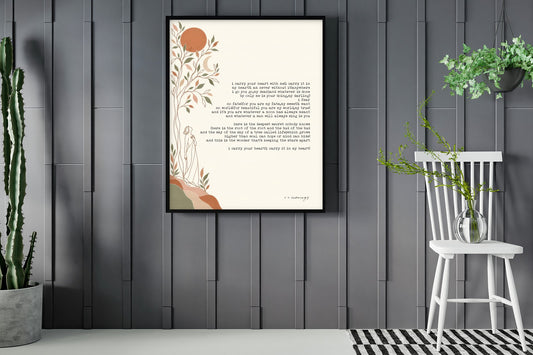 E. E. Cummings i carry your heart poem with tree and moon illustration print framed in a room with plants
