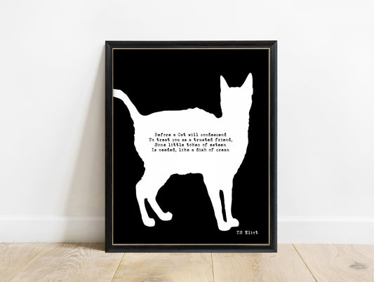 T. S. Eliot Practical Cats poem print with black cat silhouette in a black frame, black background