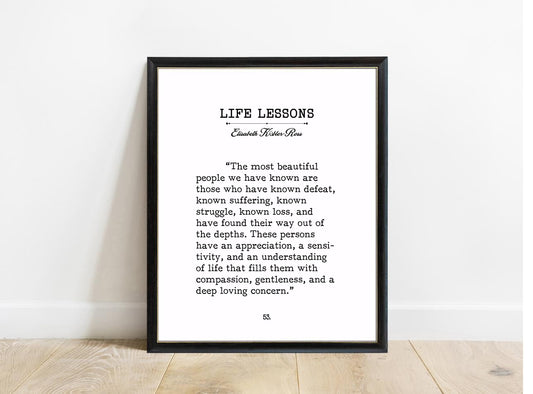 Elisabeth Kübler-Ross Most Beautiful People book page print in a black frame, white background