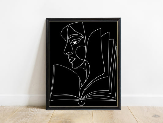 Abstract face in profile flowing into an open book, line art print, white lines on black, in a black frame