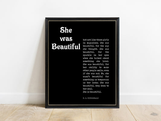 F Scott Fitzgerald she was beautiful magazine style quote print in a black frame, black background