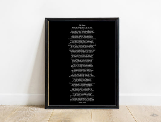 Robert Frost Birches full poem print in a black frame, black background