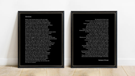 Robert Frost Birches poem as a set of two prints in black frames, black background