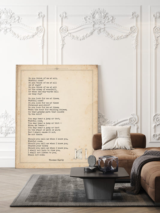 Thomas Hardy Dead Wessex the Dog to the Household poem print on a vintage page with a small open garden gate, shown unframed in a living room