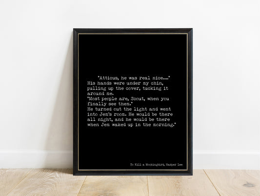 To Kill a Mockingbird closing lines typewriter print, Harper Lee in a black frame, black background