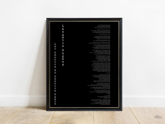 Langston Hughes Let America Be America Again vertical title poem print in a black frame, black background