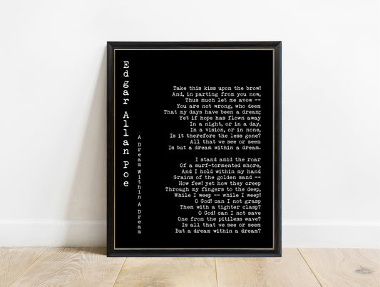 Edgar Allan Poe A Dream Within a Dream vertical name poem print in a black frame, black background