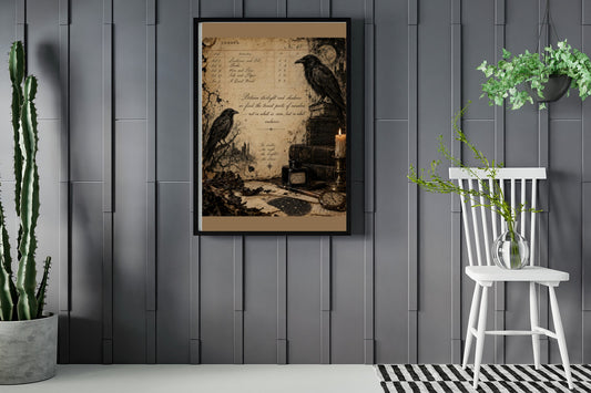 Two ravens with an old ledger page, books, candle and moon, dark academia print framed in a room with plants