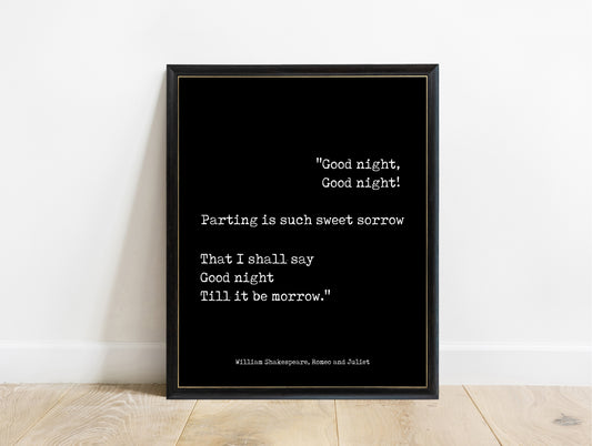 Shakespeare Parting Is Such Sweet Sorrow typewriter print in a black frame, black background