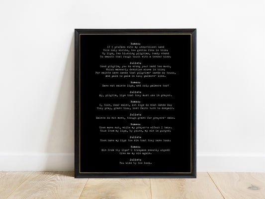 Shakespeare Romeo and Juliet pilgrim scene typewriter print in a black frame, black background