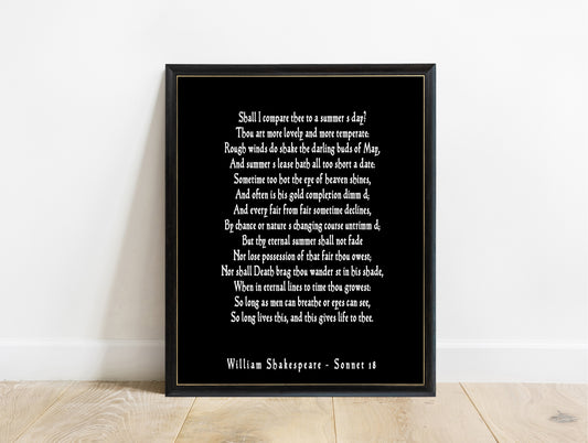 Shakespeare Sonnet 18 Shall I Compare Thee print in a black frame, black background