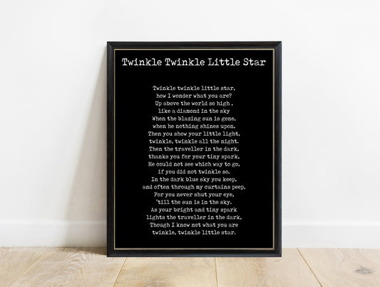 Jane Taylor Twinkle Twinkle Little Star full poem print in a black frame, black background
