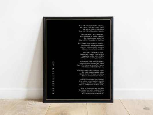 Alfred Lord Tennyson Ring Out Wild Bells poem print in a black frame, black background