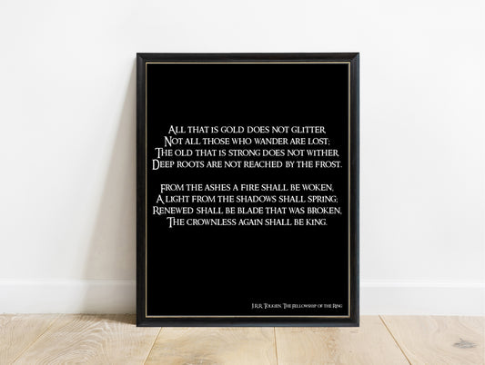 J.R.R. Tolkien All that is gold does not glitter calligraphy capitals print in a black frame, black background