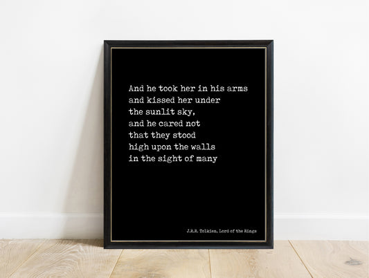 J.R.R. Tolkien he took her in his arms typewriter print in a black frame, black background