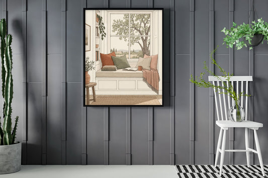 Window seat reading nook with books and a tree view illustration print framed in a room with plants