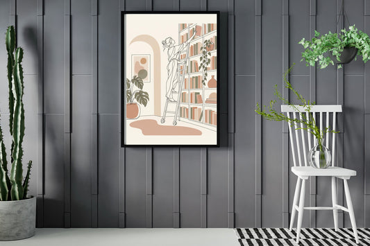 Woman on a library ladder reaching for a book, line art print framed in a room with plants