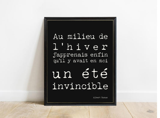 Albert Camus Un Ete Invincible French typewriter print in a black frame, black background