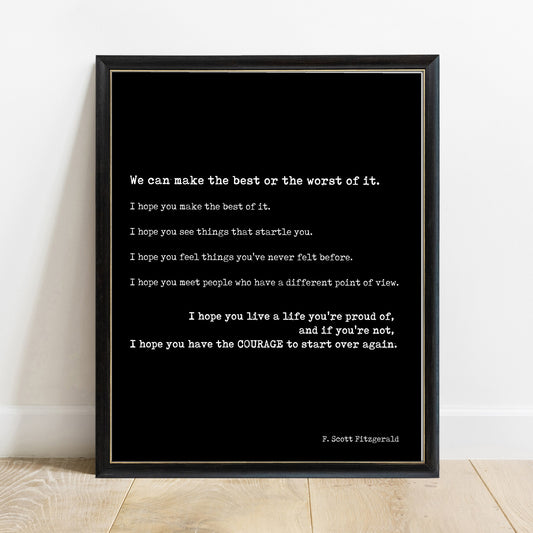 F Scott Fitzgerald courage to start all over again print in a black frame, black background