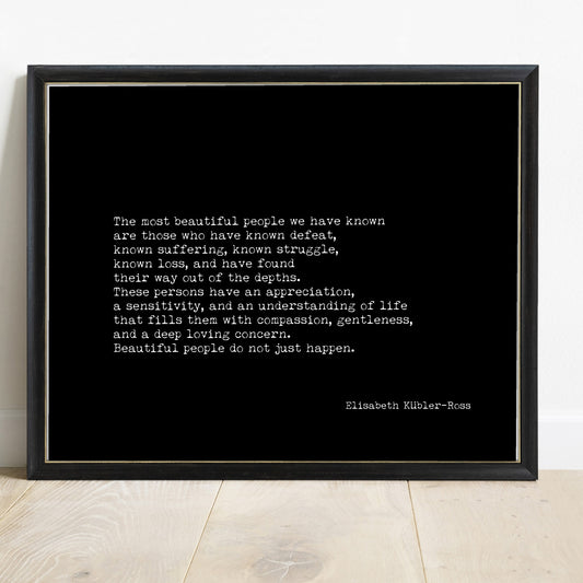 Elisabeth Kübler-Ross The Most Beautiful People landscape typewriter print in a black frame, black background