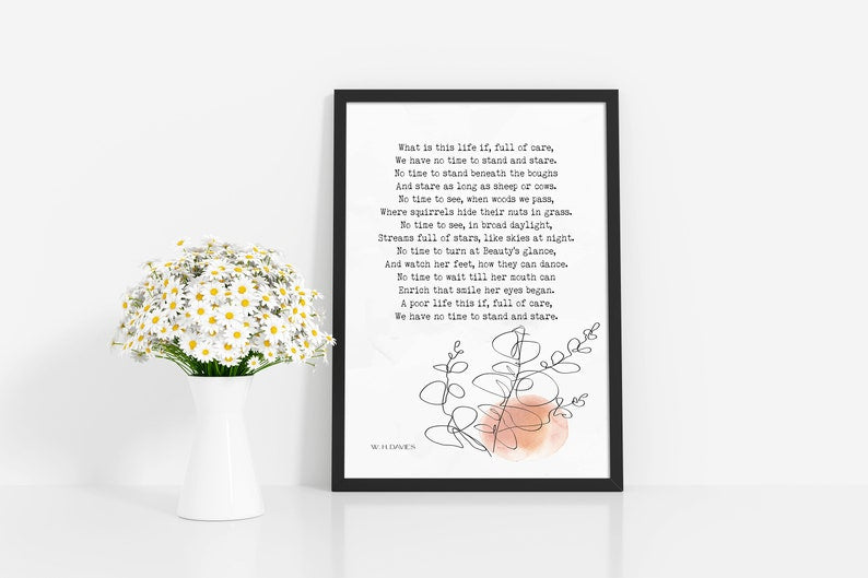 W. H. Davies Leisure Poem Print – “What is this life if, full of care” – Literary Wall Art with Minimalist Botanical Illustration