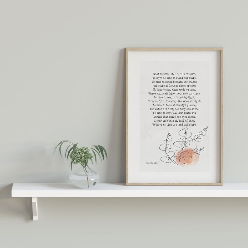 W. H. Davies Leisure Poem Print – “What is this life if, full of care” – Literary Wall Art with Minimalist Botanical Illustration