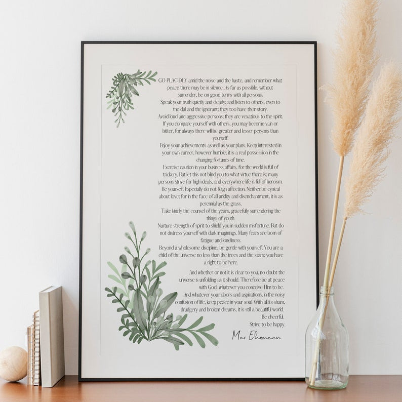 Desiderata Poem Print by Max Ehrmann - Inspirational Wall Art - Botanical Decor - Timeless Literary Quote