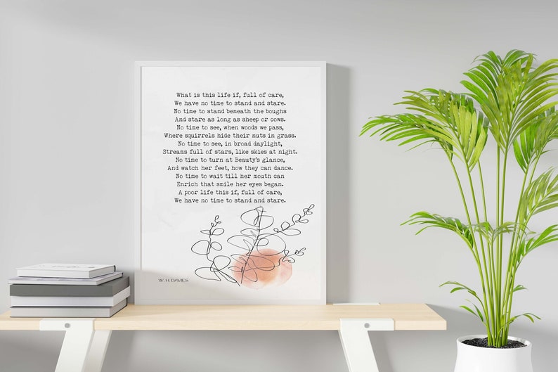 W. H. Davies Leisure Poem Print – “What is this life if, full of care” – Literary Wall Art with Minimalist Botanical Illustration
