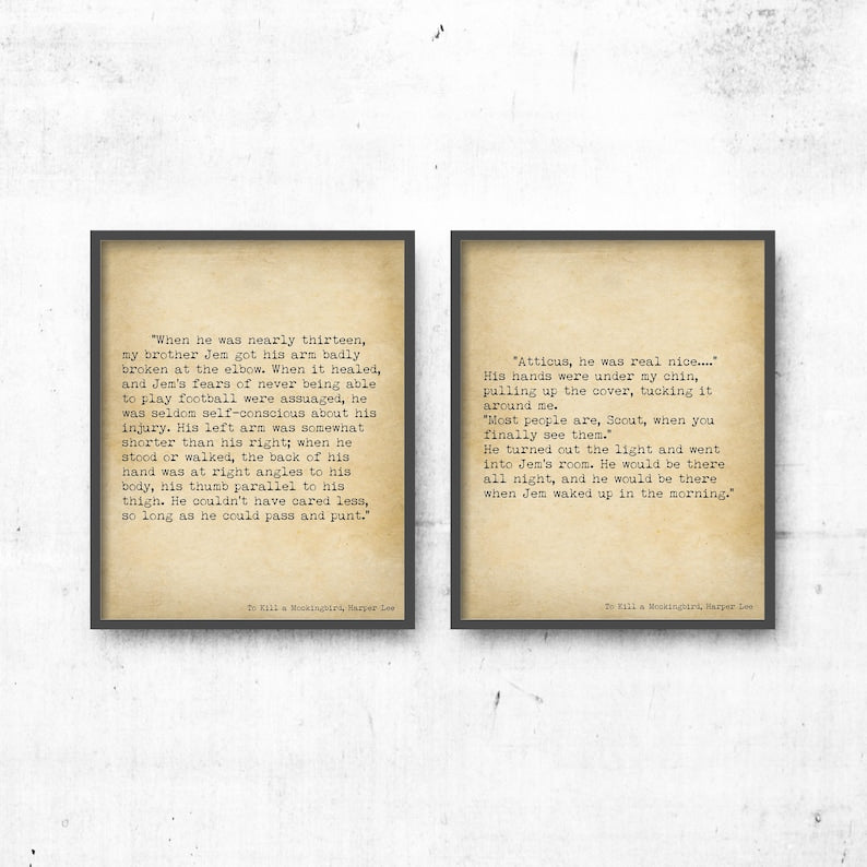 Harper Lee literary art, vintage book page decor, classic novel wall art, Atticus Finch quote poster