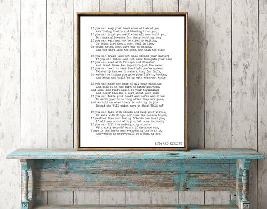 Rudyard Kipling Poem If Print | Black Background Inspirational Poetry Wall Art | Literary Quote Poster for Office or Home
