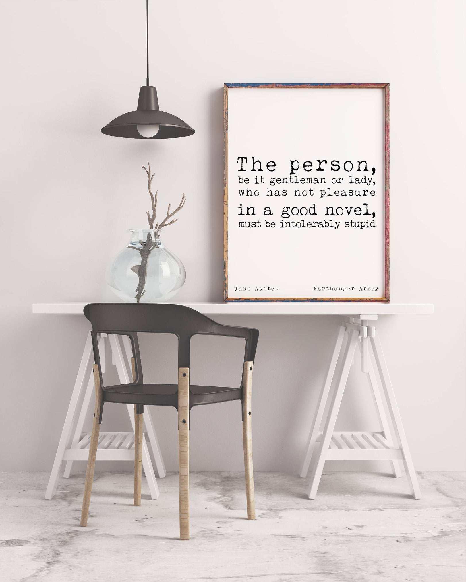 Pleasure in a Good Novel Jane Austen Quote Art Print in Black & White, Literary Gift for a Book Lover