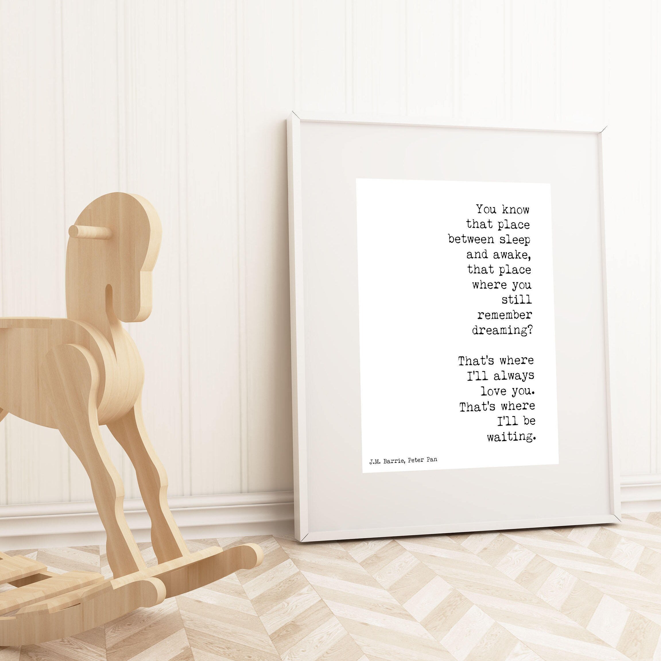 J M Barrie Quote Print Between Sleep And Awake Peter Pan Literary Love Quote Black White Typewriter Style Romantic Gift Nursery Bedroom Art