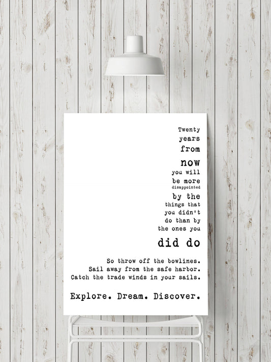 Vintage Style Explore Dream Discover Mark Twain Quote Wall Art – Rustic Inspirational Travel Print for Writers Thinkers Dreamers