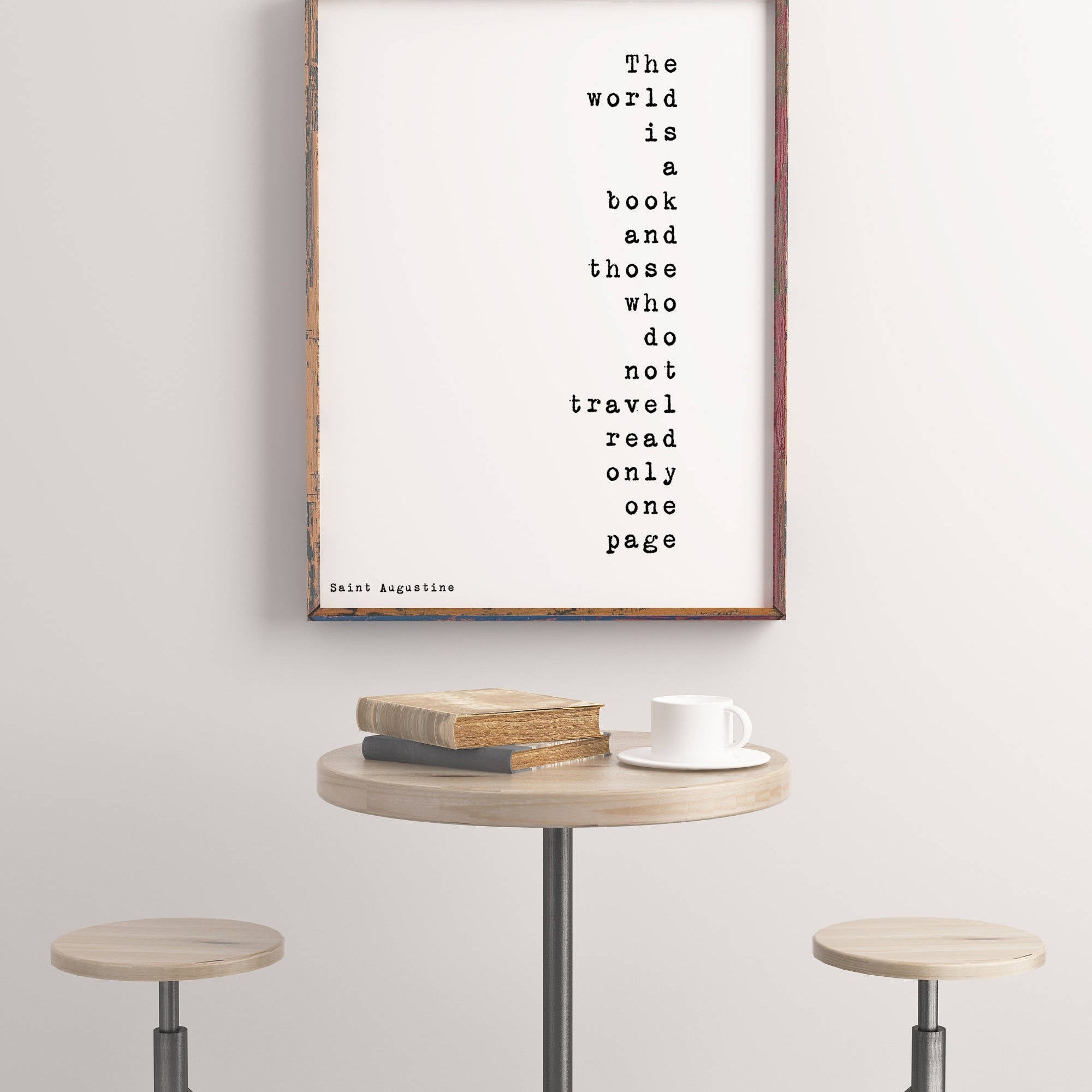The World Is A Book Inspirational Quote, Travel Decor Quote Art Print in Black & White