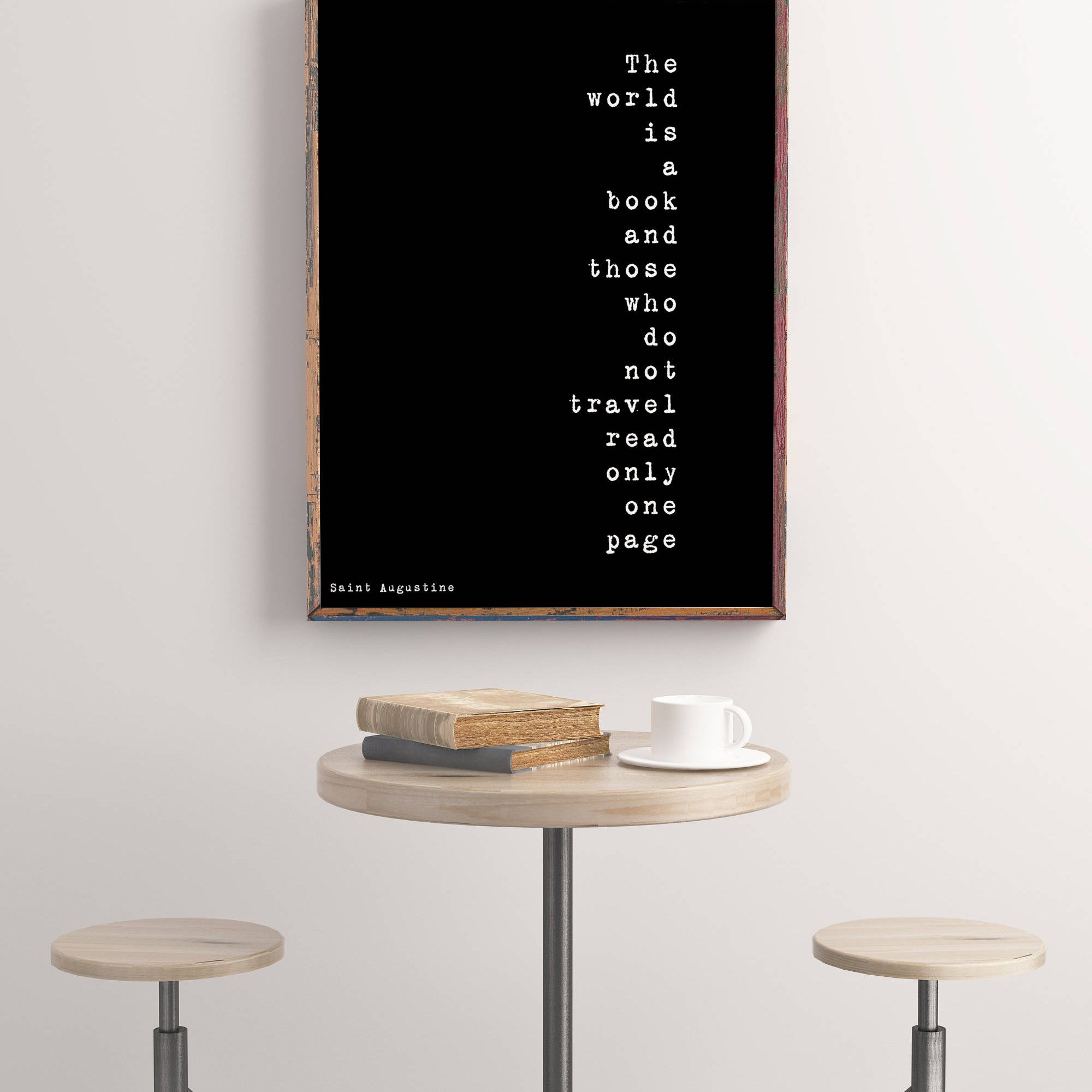 The World Is A Book Inspirational Quote, Travel Decor Quote Art Print in Black & White