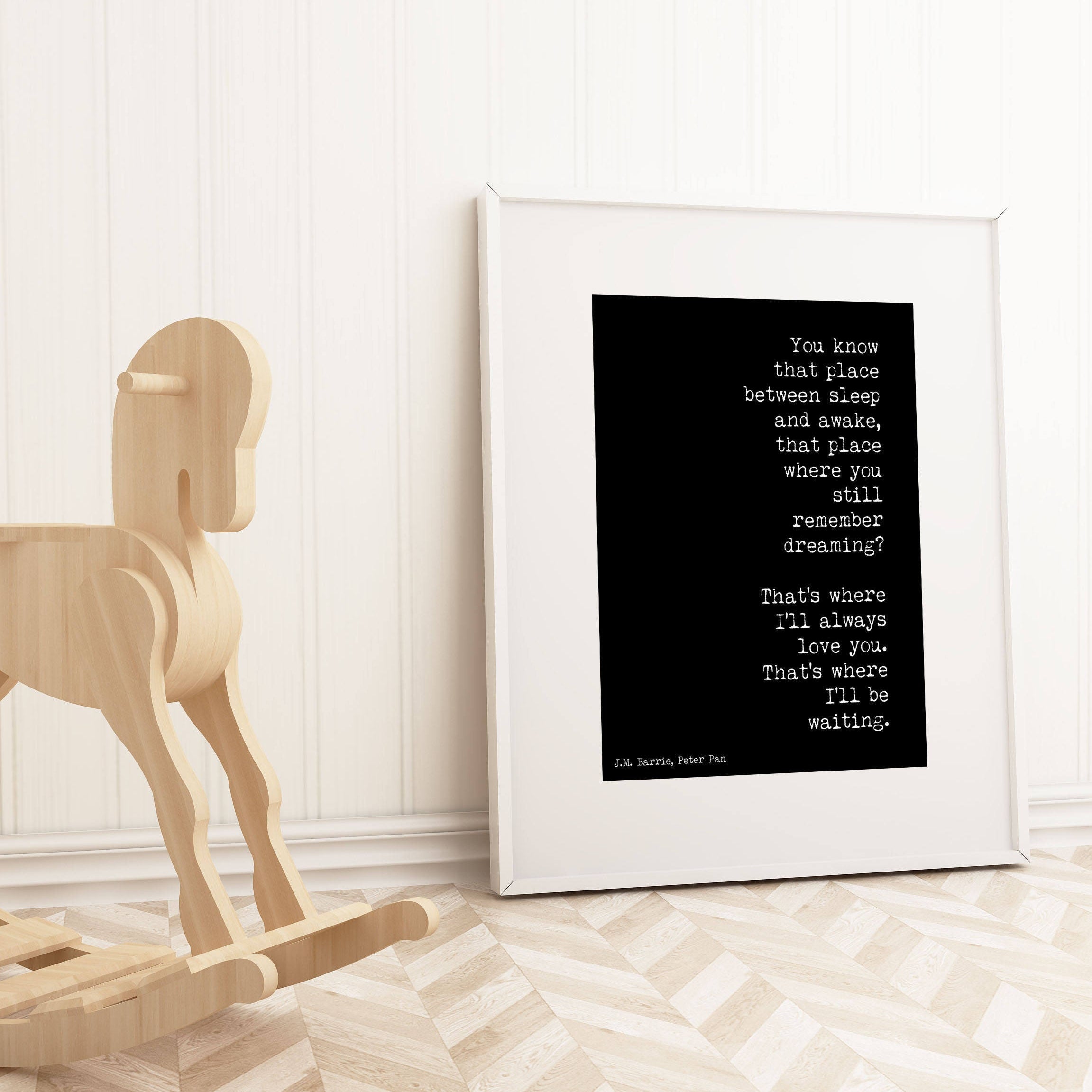 J M Barrie Quote Print Between Sleep And Awake Peter Pan Literary Love Quote Black White Typewriter Style Romantic Gift Nursery Bedroom Art