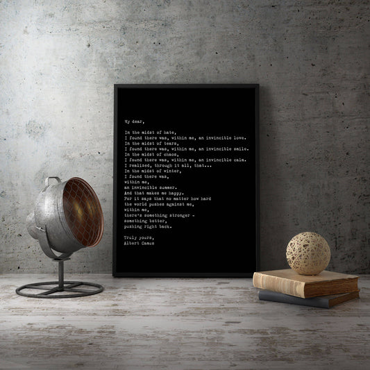 Albert Camus Invincible Summer Quote – Large Framed Motivational Print, Literary Wall Art for Office or Home