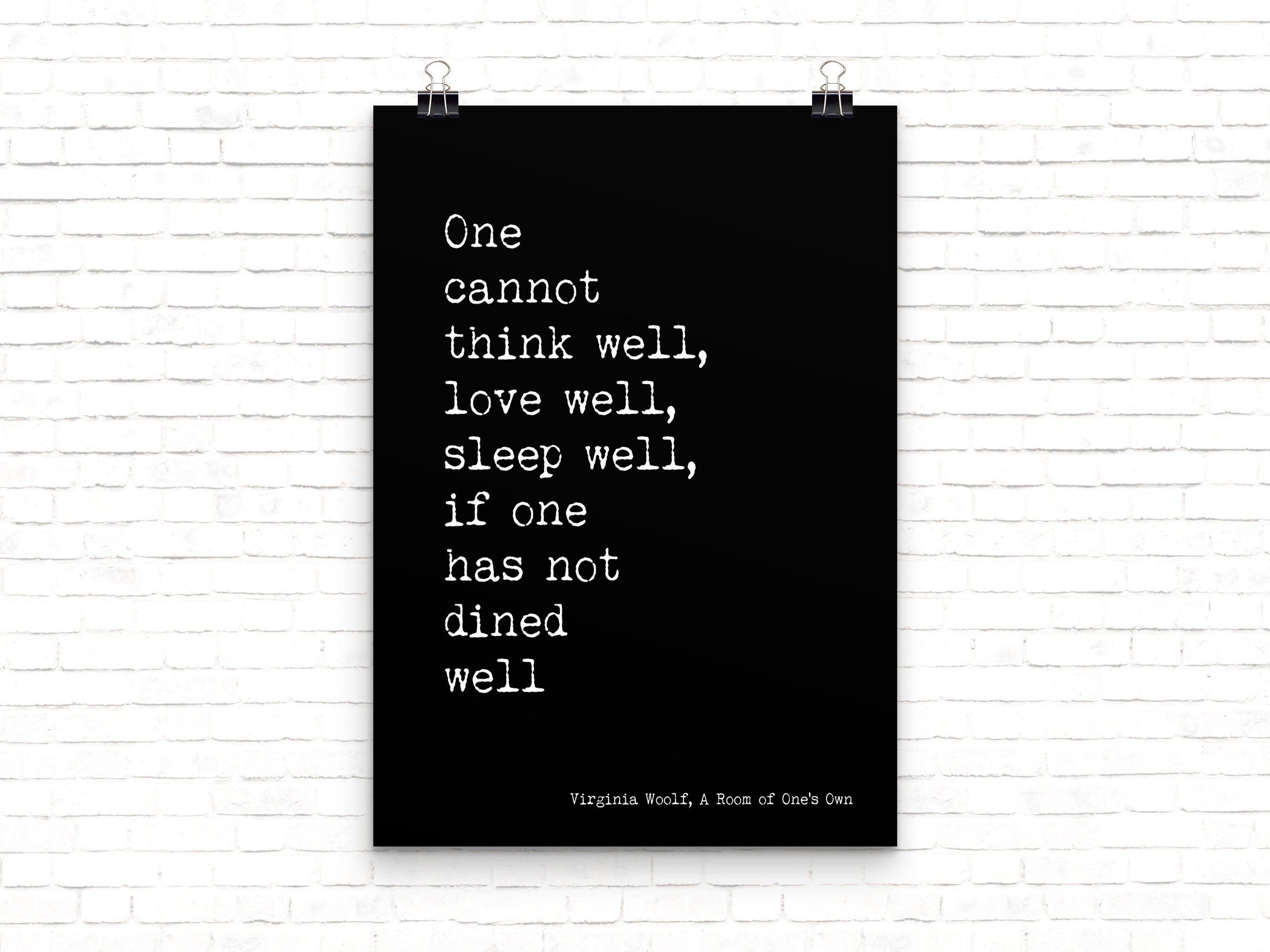 Virginia Woolf Quote Print – “One cannot think well…” Literary Kitchen Wall Art, Food and Love Quote, Feminist Vintage Book Page Poster