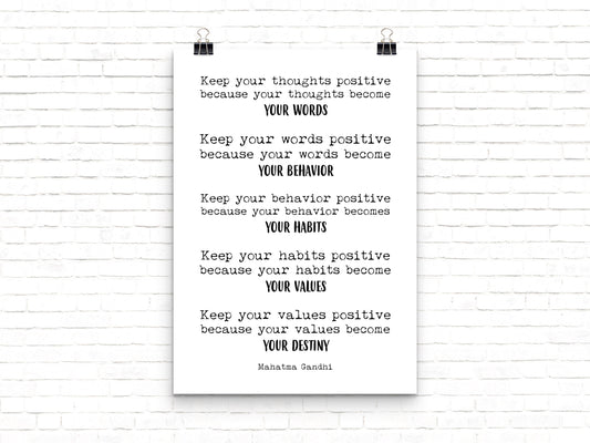Mahatma Gandhi Life Quote Inspirational Print In Black And White, Keep Positive Office Wall Art Or Home Decor Print Unframed or Framed