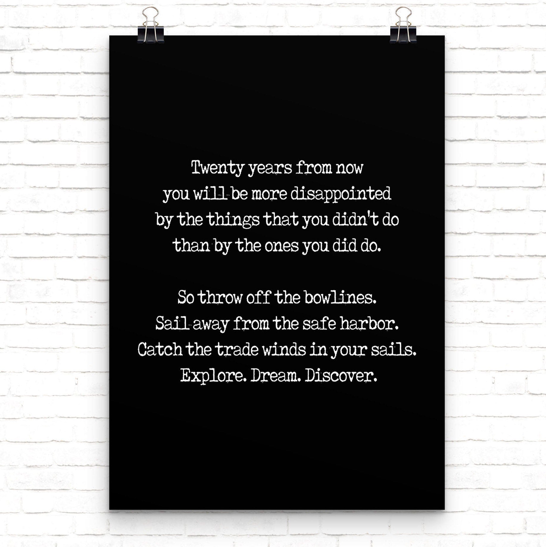Twenty Years From Now Travel Decor Inspirational Quote Print, Explore Dream Discover Mark Twain Unframed & Framed Art Print