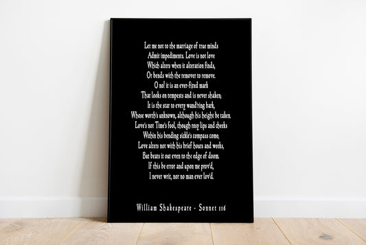Shakespeare Sonnet 116 Print Let Me Not To The Marriage Of True Minds Literary Love Poem Black Or White Background Romantic Gift For Couples