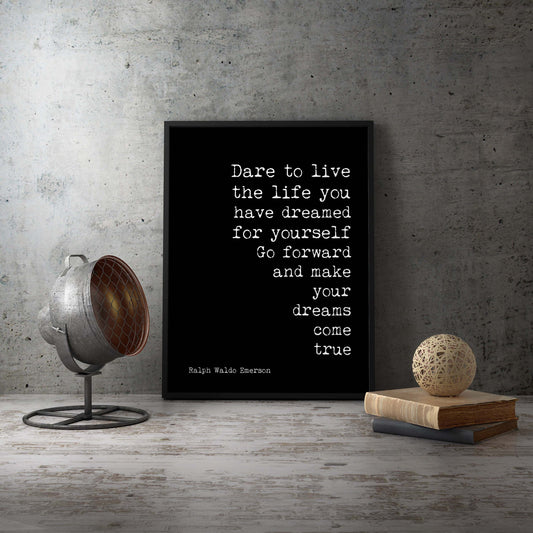 Framed Ralph Waldo Emerson Quote Print – Dream Life Motivational Poster in Typewriter Font, Vintage Style Wall Art