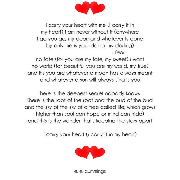 i carry your heart with me e.e. cummings unframed poem print, personalised i carry it in my heart poetry wall art
