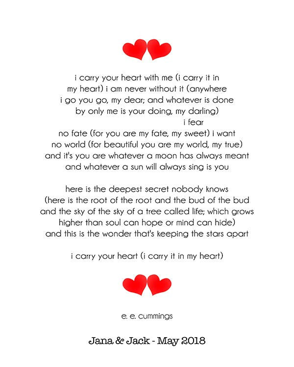 i carry your heart with me e.e. cummings unframed poem print, personalised i carry it in my heart poetry wall art